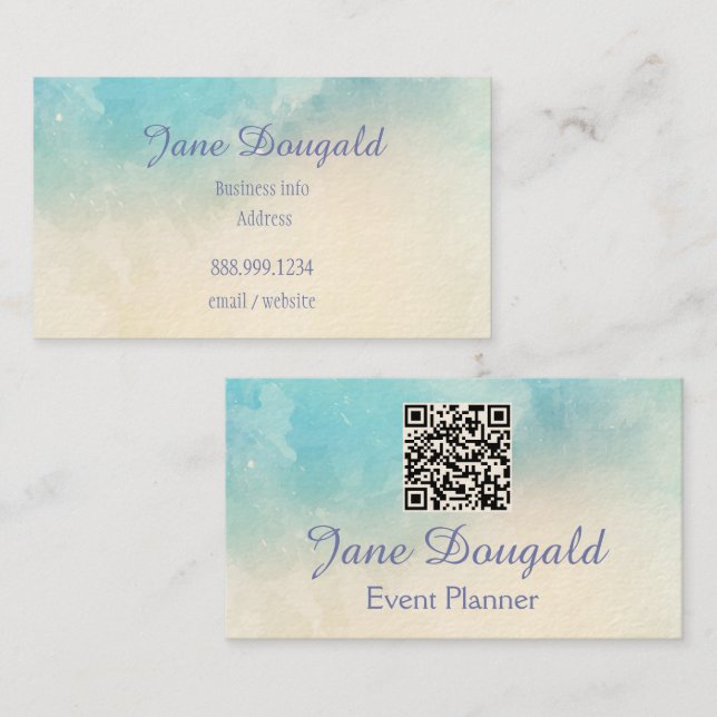 QR Code Watercolor Pastel Blues Pink  Custom  Business Card (Front/Back)