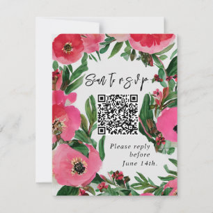 QR Code Watercolor Pink Anemone Wedding RSVP Card