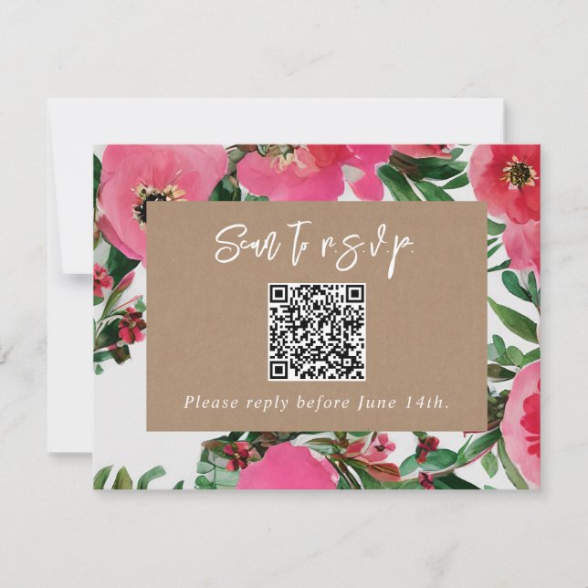 QR Code Watercolor Pink Anemone Wedding RSVP Card (Front)