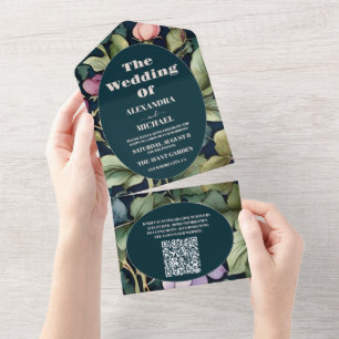 QR Code Watercolor Pink Peony  Art Nouveau Wedding All In One Invitation