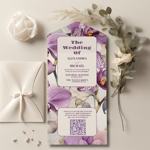 QR Code Watercolor Purple Orchid Wedding All In One Invitation