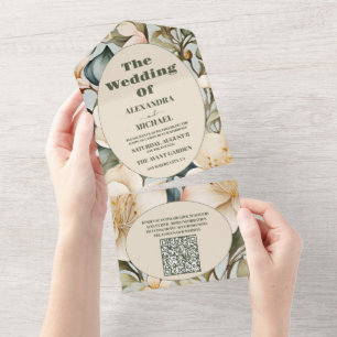 QR Code Watercolor White Lily Art Nouveau Wedding All In One Invitation