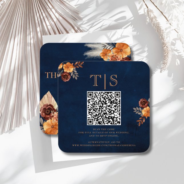 QR Code Wedding Enclosure RSVP Navy Blue Floral Card (Creator Uploaded)