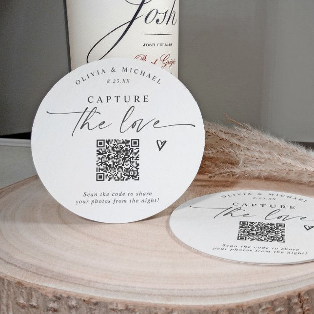 QR Code Wedding Modern Elegant Photo Sharing Round Paper Coaster (QR code wedding coasters for photo sharing - capture the love - elegant handwriting)