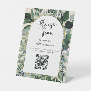 QR code wedding program Modern Botanical Greenery Pedestal Sign