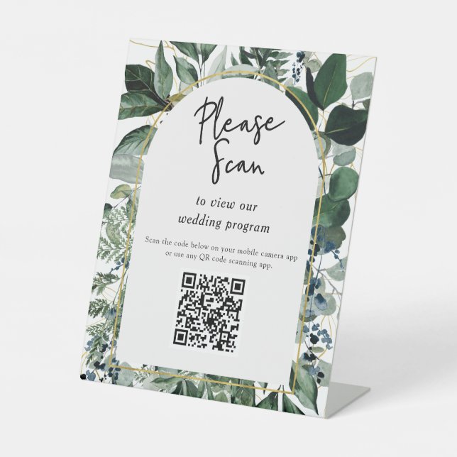 QR code wedding program Modern Botanical Greenery  Pedestal Sign (Front)