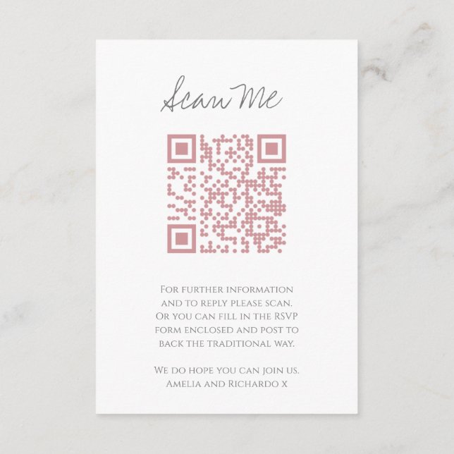 QR code wedding website monogram pink scan reply Enclosure Card (Back)