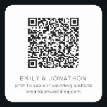 QR Code Wedding Website Names Black White Square Sticker<br><div class="desc">QR Code Wedding Website Names Black and White. The text can be easily personalised. You can also change background and text colours to match your wedding theme if you wish via the Customise Further option. Your QR code will be automatically generated to update the sample code in the design, when...</div>