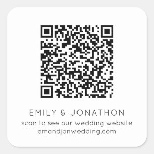 QR Code Wedding Website Names Black White Square Sticker