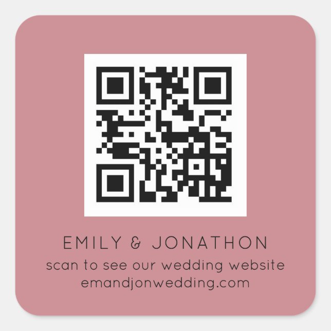 QR Code Wedding Website Names Dusty Rose Square Sticker (Front)