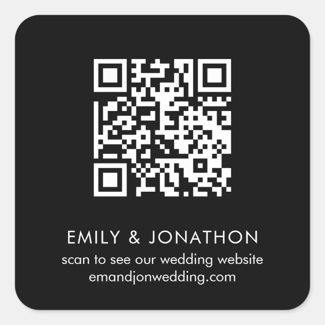 QR Code Wedding Website Names White Black Square Sticker (Front)