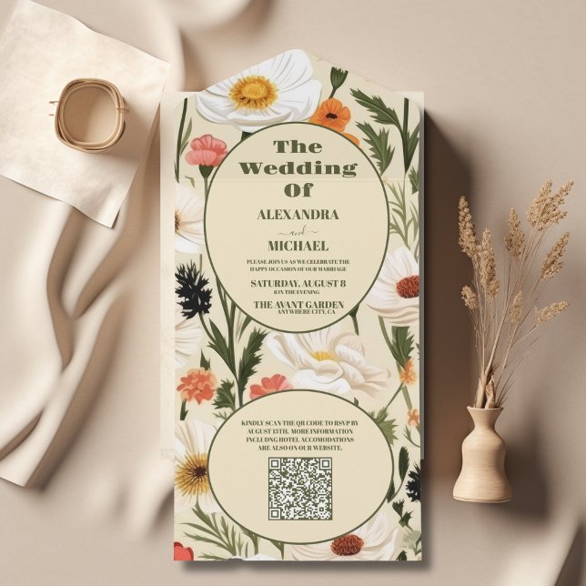 QR Code Whimsical Wildflower Meadow Wedding All In One Invitation (Creator Uploaded)