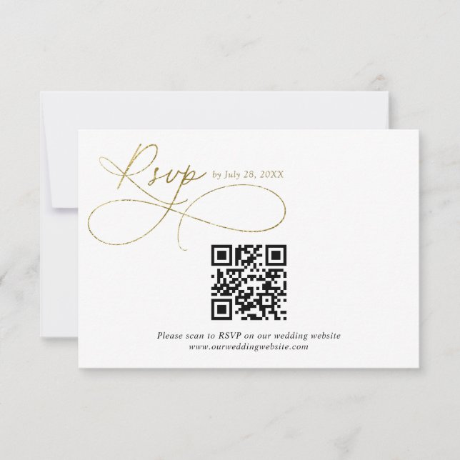 QR Code White and Gold Script Calligraphy Wedding RSVP Card (Front)