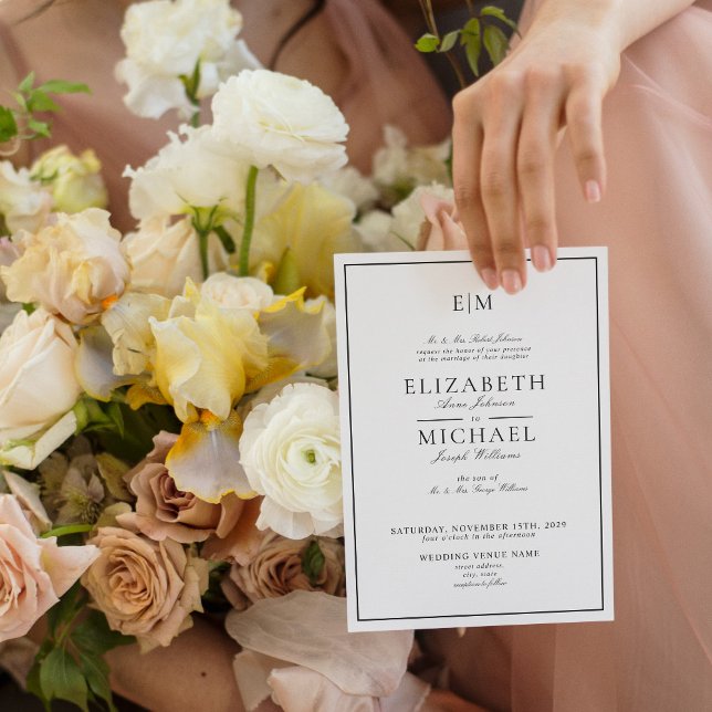 QR Code White Black Classic Monogram Wedding Invitation (Creator Uploaded)