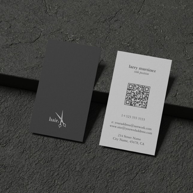 QR Code White Grey Minimalistic Hair Business Card (Creator Uploaded)