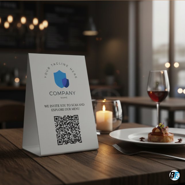 QR Code White Menu Logo Modern  Elegant Restaurant Pedestal Sign (Creator Uploaded)