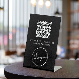 QR Code White Menu Logo Modern Restaurant Pedestal Sign
