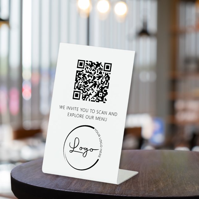 QR Code White Menu Logo Modern Restaurant Pedestal Sign (Creator Uploaded)