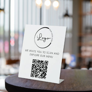 QR Code White Menu Logo Modern Restaurant Pedestal Sign