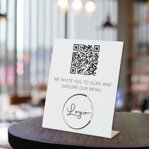 QR Code White Menu Logo Modern Restaurant Pedestal Sign