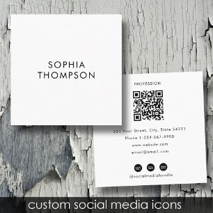 QR Code White Minimalist Social Media Icons Square Business Card