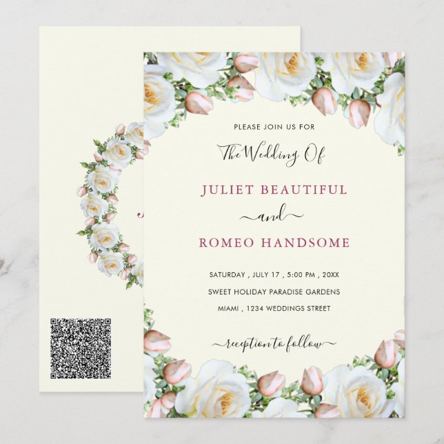 QR Code White Roses Wedding Invitations Template (Front/Back)