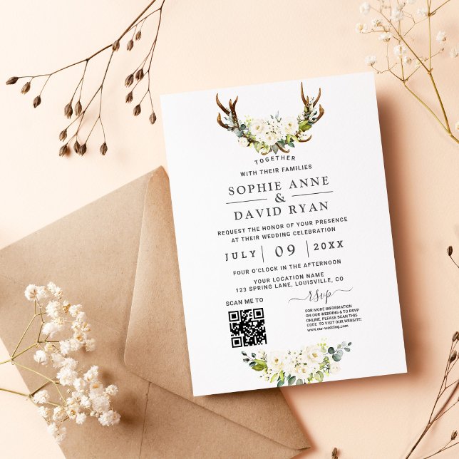 QR Code White Watercolour Flowers Antlers Wedding Invitation (Creator Uploaded)