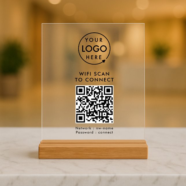 QR Code Wifi | Business Logo Scan to Connect Acrylic Sign (Company branded WiFi acrylic tabletop signs with QR code, connecting users seamlessly to your Wi-Fi.)