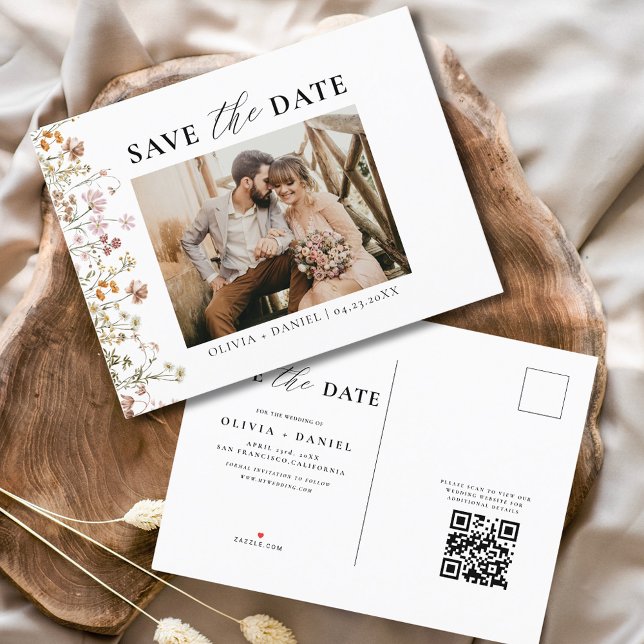 QR Code Wildflower Floral Wedding Announcement Postcard (Creator Uploaded)