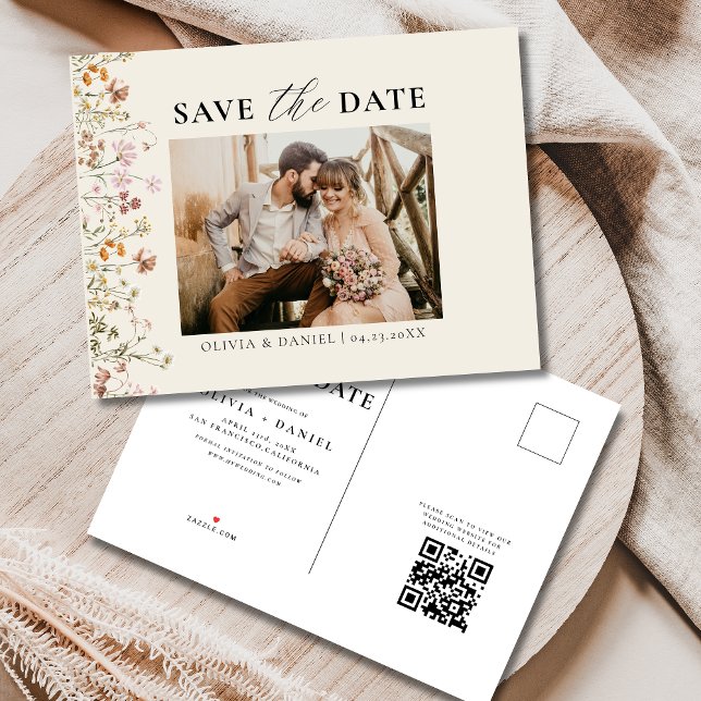QR Code Wildflower Floral Wedding Announcement Postcard (Creator Uploaded)