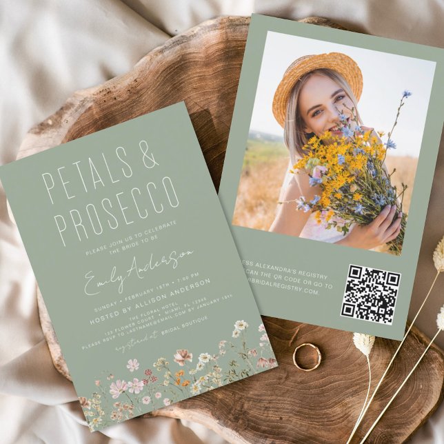 QR Code Wildflower Petals & Prosecco Sage Green Invitation (Creator Uploaded)