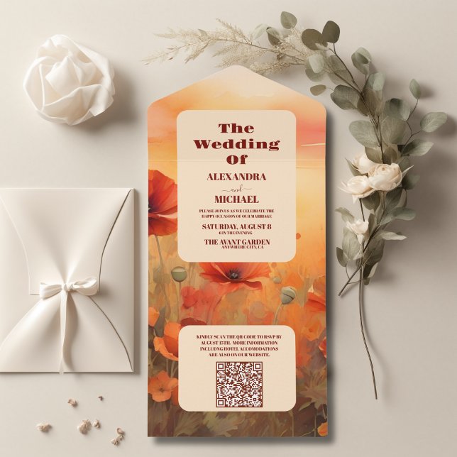 QR Code Wildflower poppy minimalist modern wedding All In One Invitation (Creator Uploaded)