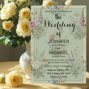 QR Code Wildflower Sage Green Floral Wedding Invitation