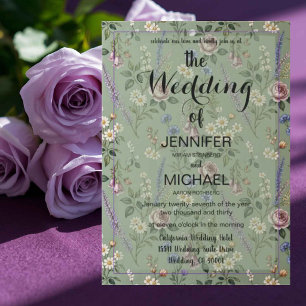 QR Code Wildflower Sage Green Floral Wedding Invitation