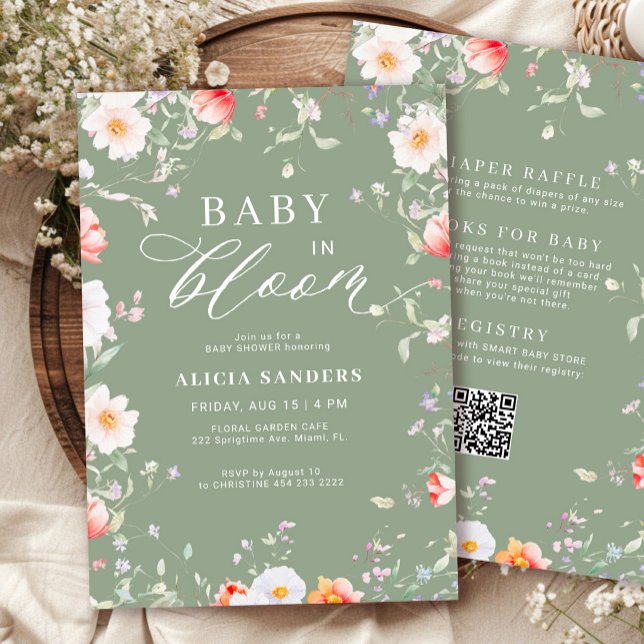 QR code wildflower sage green in bloom baby shower Invitation (Creator Uploaded)