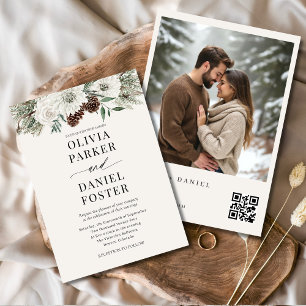 QR Code Winter Photo Elegant Evergreen Wedding Invitation