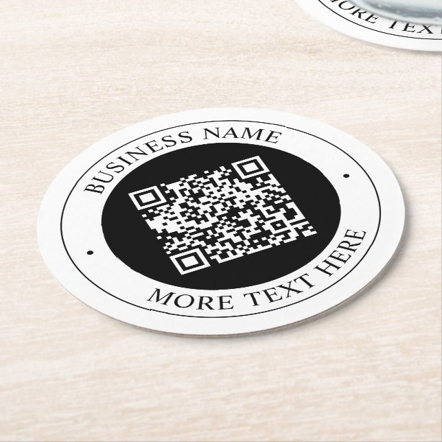 QR Code with Business Name Editable Circular Text Round Paper Coaster (Angled)