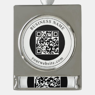 QR Code with Business Name Editable Silver Plated Banner Ornament