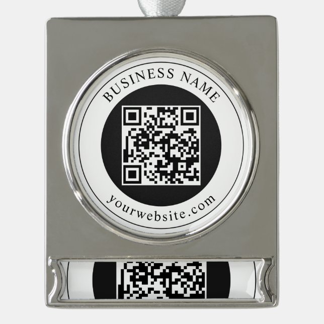 QR Code with Business Name Editable Silver Plated Banner Ornament (Front)