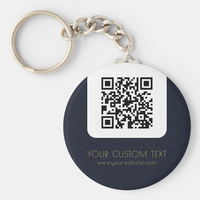 QR Code with custom text navy blue elegant Key Ring (Front)