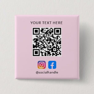 QR Code with Social Media Icons Easy Custom Pink 15 Cm Square Badge
