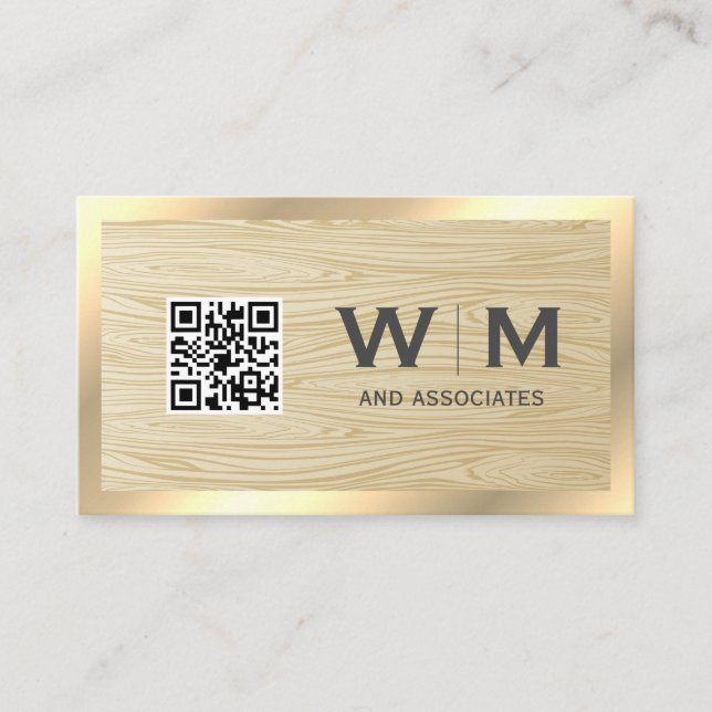 QR Code Wood Grain | Gold Border Business Card (Front)