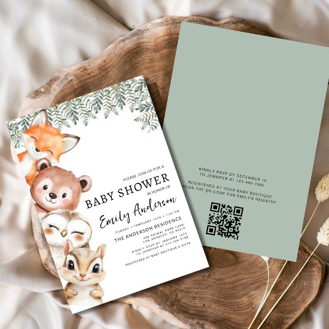 QR Code Woodland Animals Baby Shower Invitation (Creator Uploaded)