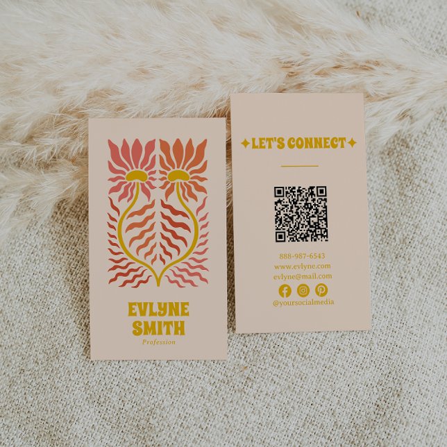 QR Code Yellow Groovy Floral Terracotta Boho Business Card (Creator Uploaded)