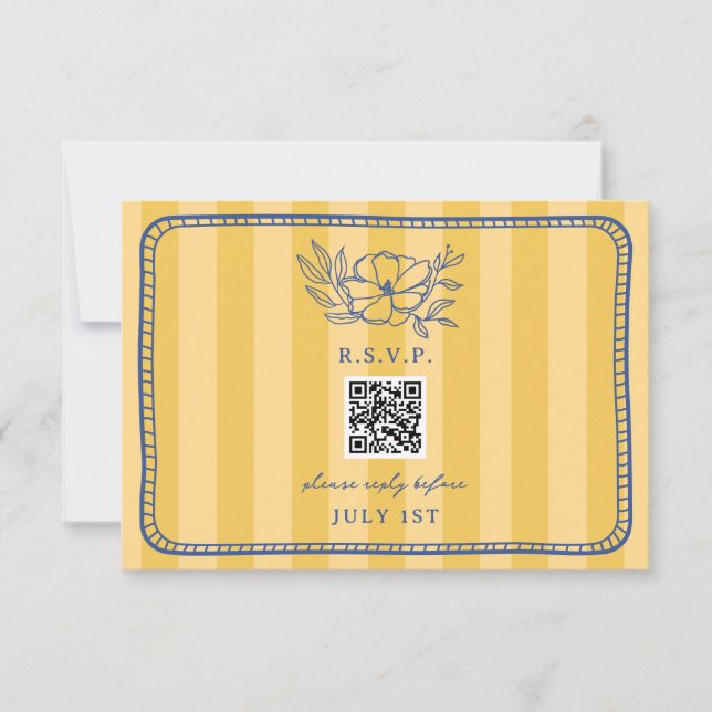 QR Code Yellow Stripe Blue Floral Wedding QR RSVP (Front)
