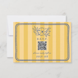 QR Code Yellow Stripe Blue Floral Wedding QR RSVP Card