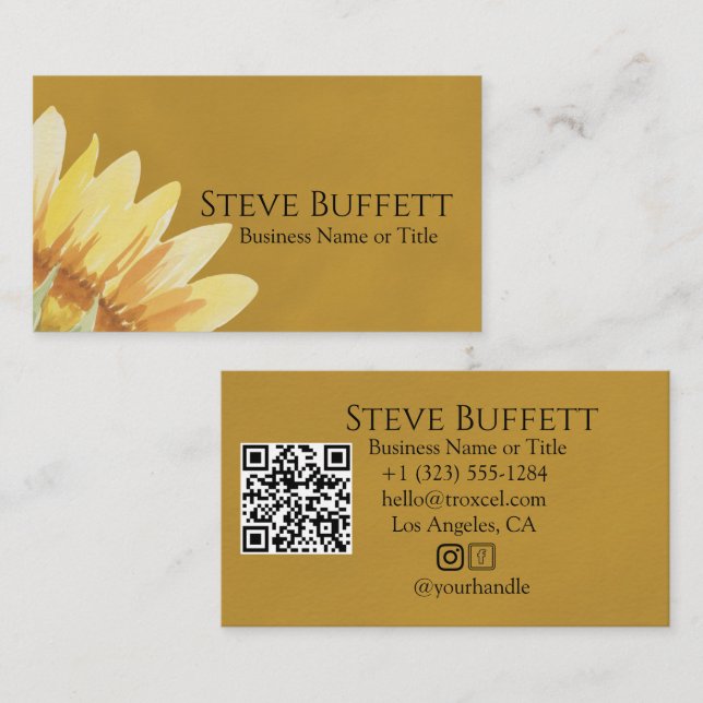 QR Code Yellow Sunflower watercolor Business Card (Front/Back)