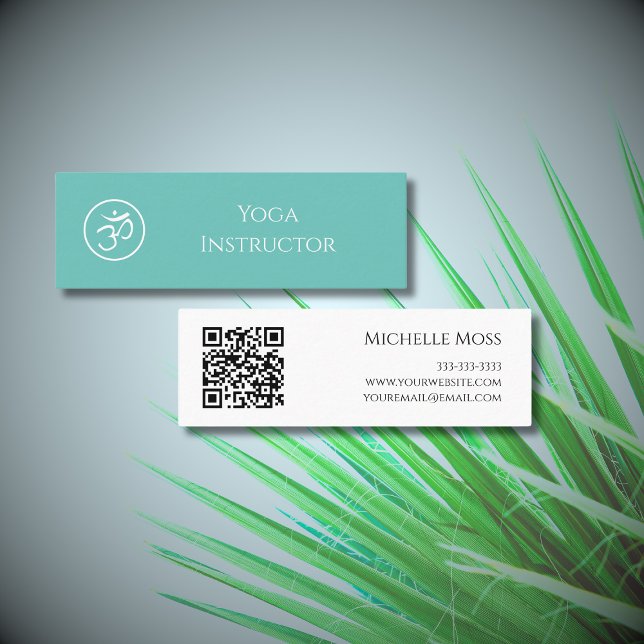 QR code Yoga Instructor Om Symbol Teal Green Mini Business Card (Creator Uploaded)