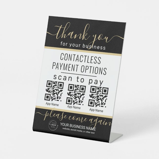 QR Codes Upload & Logo 3 Payment Apps gold & black Pedestal Sign (Front)