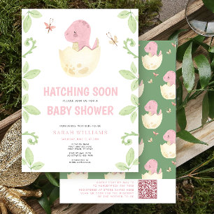QR Cute Dinosaur Hatching Soon Pink Baby Shower Invitation